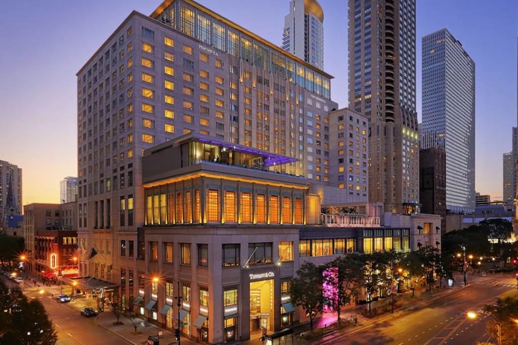 Exterior aerial view of The Peninsula Chicago.